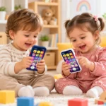 کودکان در حال بازی با موبایل و بی‌سیم هولا تویز